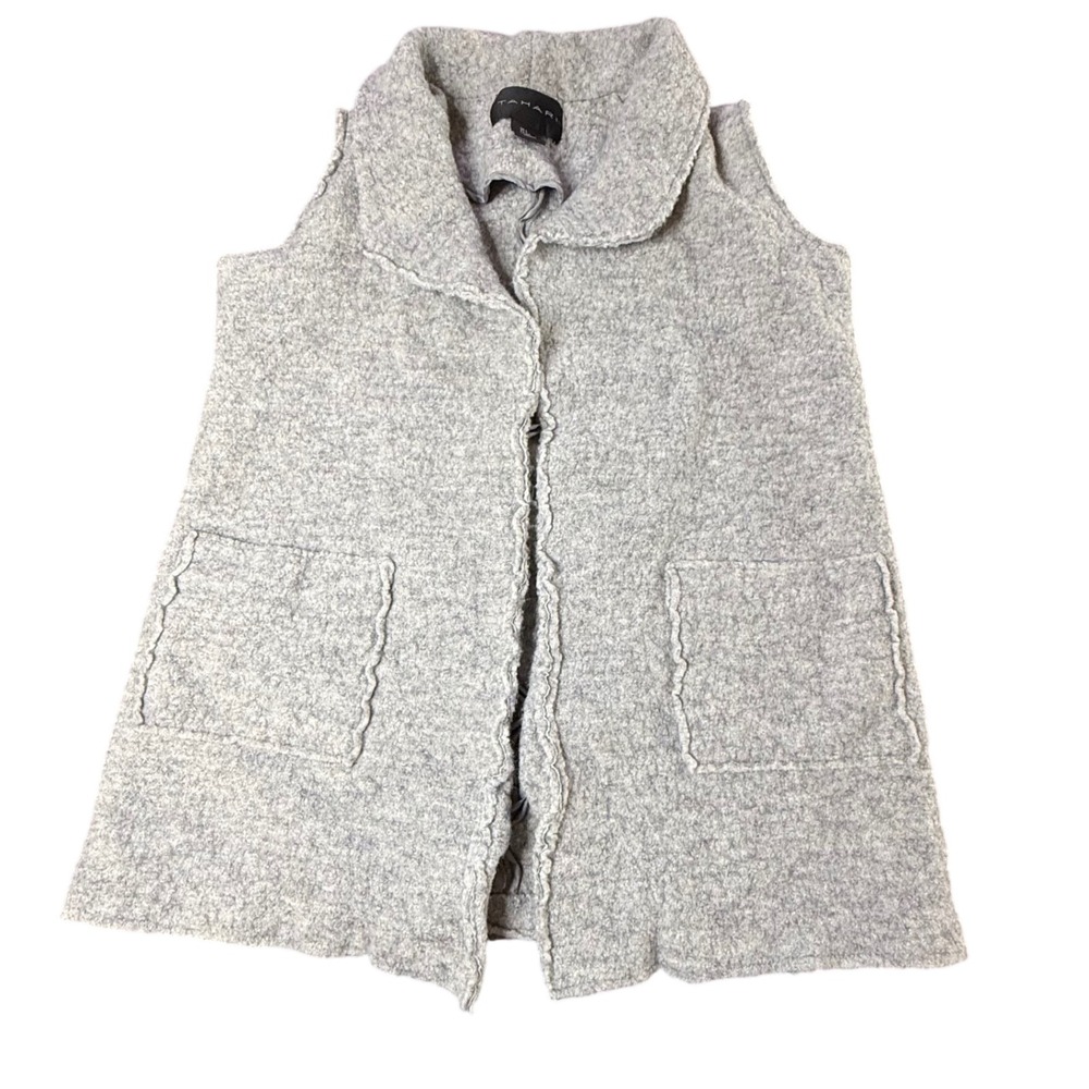 TAHARI Grey Textured Knit Sleeveless Vest Long Collar Pockets Wool Blend
